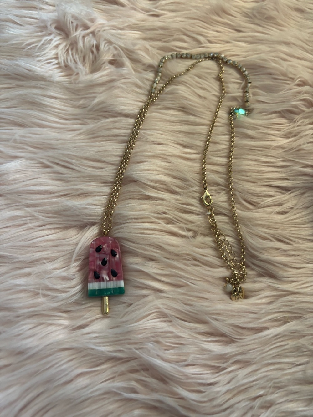 Betsey Johnson Gold Tone Necklace with Pink & Green Watermelon Popsicle Pendant